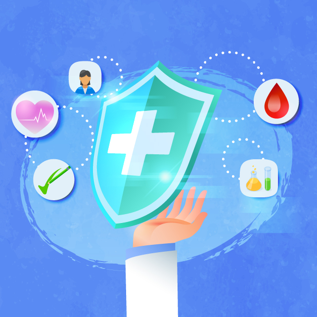 A green shield with a plus in the middle is held up by a hand to represent patient safety. Other symbols include a heart, drop of blood, a vial and beaker, checklist and an outline of a doctor.